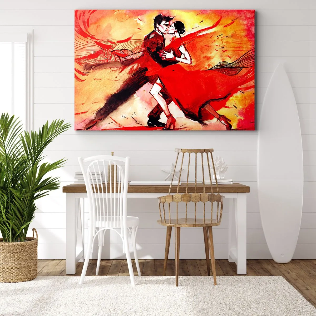 Obraz na płótnie - Para tańcząca tango w czerwonych tonacjach na dynamicznym tle - 70x50cm - Purpurowy rytm namiętności - Nowoczesna dekoracja ścienna do salonu i sypialni ARTTOR