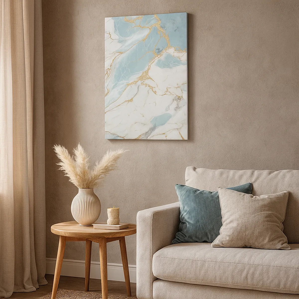 Obraz na płótnie - Elegancki wzór marmuru w odcieniach błękitu i złota - 50x70cm - Bogactwo kamienia - Nowoczesna dekoracja ścienna do salonu, kuchni i sypialni ARTTOR