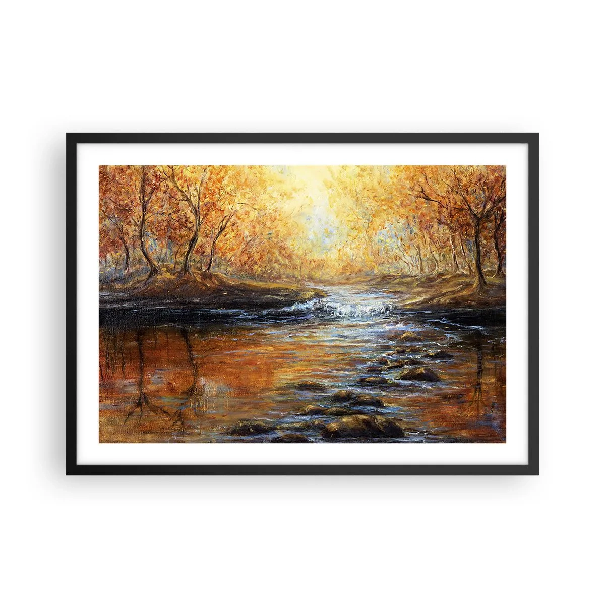 Plakat w czarnej ramie - Jesienny krajobraz z rzeką wśród drzew - 70x50cm - Złoty potok - Nowoczesna dekoracja ścienna do salonu i sypialni ARTTOR