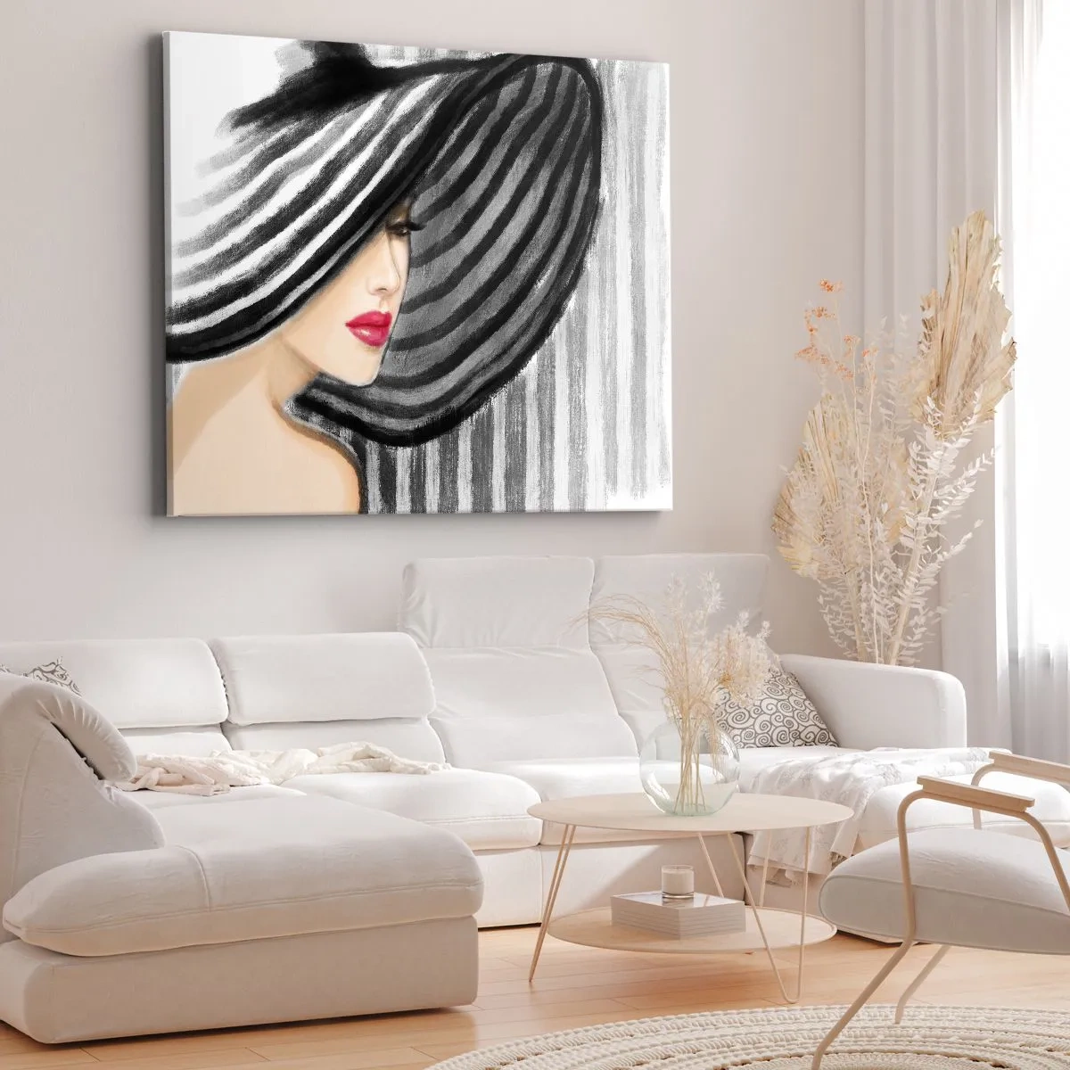 Obraz na płótnie - Kobieta w kapeluszu w czarno-białym stylu z czerwonym akcentem - 70x50cm - Gdzie ciebie szukać? - Nowoczesna dekoracja ścienna do salonu i sypialni ARTTOR