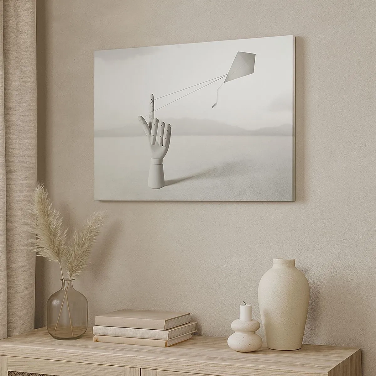 Obraz na płótnie - Minimalistyczna ręka drewniana z latawcem na tle pejzażu - 70x50cm - Próba sił - Nowoczesna dekoracja ścienna do salonu i sypialni ARTTOR