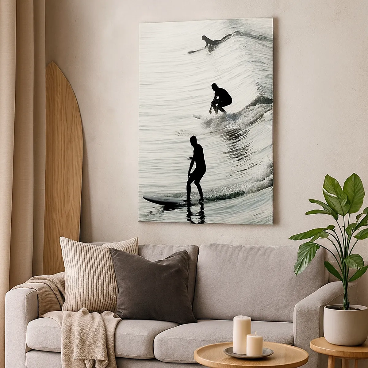 Obraz na płótnie - Trzech surferów łapie fale na oceanie w dynamicznej scenie - 50x70cm - Na spotkanie fali - Nowoczesna dekoracja ścienna do salonu, kuchni i sypialni ARTTOR
