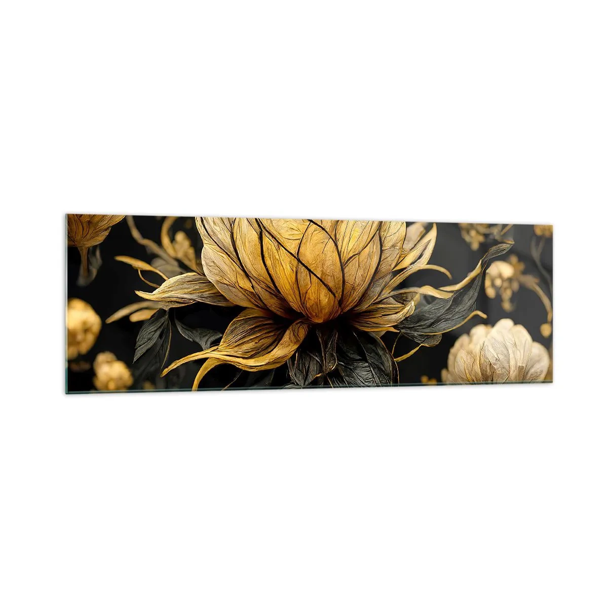 Obraz na szkle - Złoty kwiat na ciemnym tle - 160x50cm - Subtelna kruchość - Nowoczesna dekoracja ścienna do salonu i sypialni ARTTOR