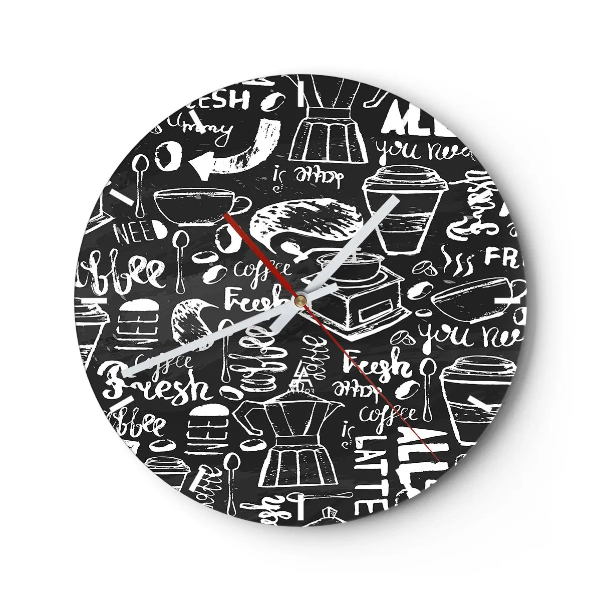 Zegar ścienny - Motyw kawowy w stylu kredowego rysunku na czarnym tle - 30x30cm - All you need is… - Nowoczesna dekoracja ścienna do salonu, kuchni i sypialni ARTTOR