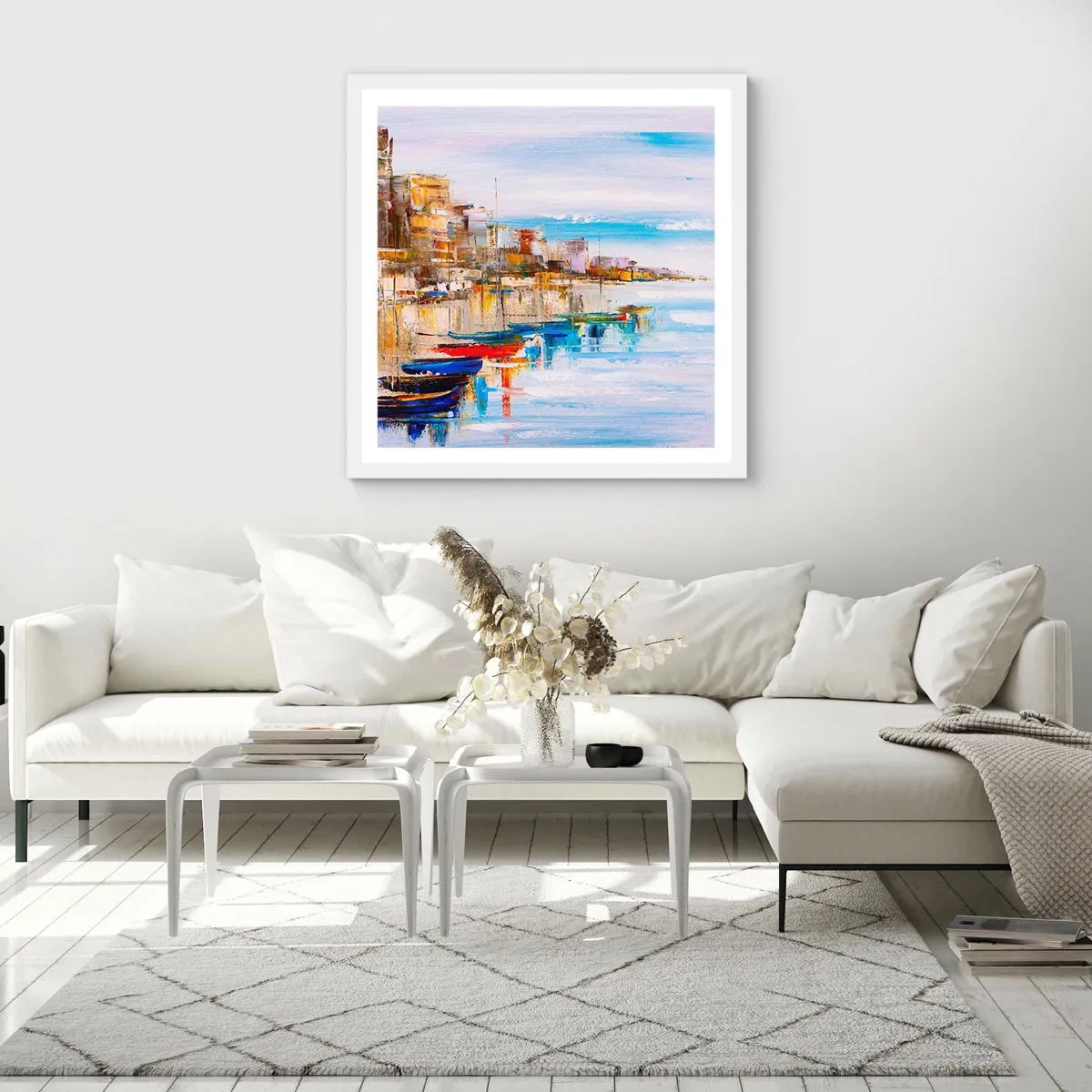 Plakat w białej ramie - Wielobarwna miejska przystań - 40x40 cm