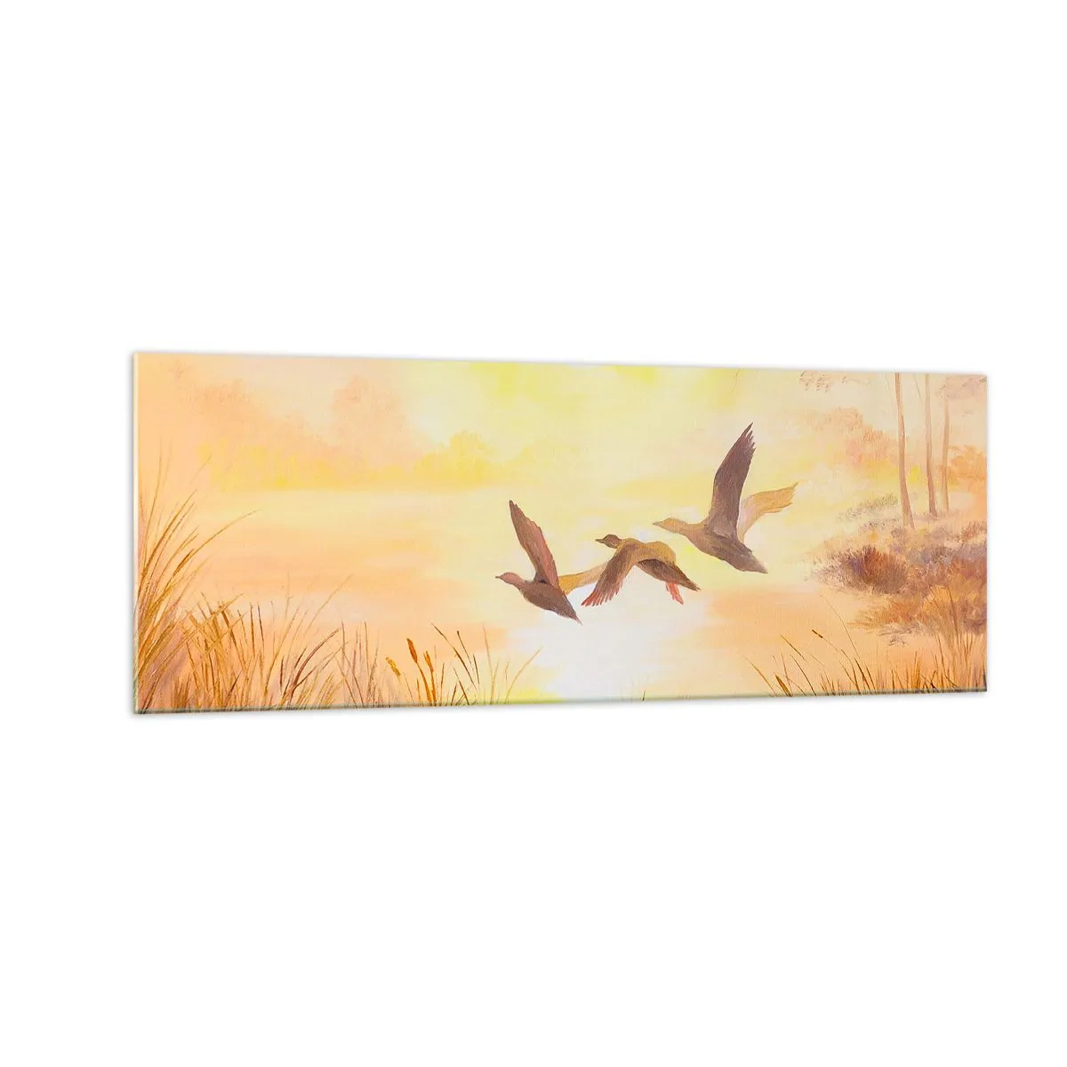 Obraz na szkle - Lecące kaczki o wschodzie słońca nad jeziorem - 140x50cm - Początek dalekiej podróży - Nowoczesna dekoracja ścienna do salonu i sypialni ARTTOR