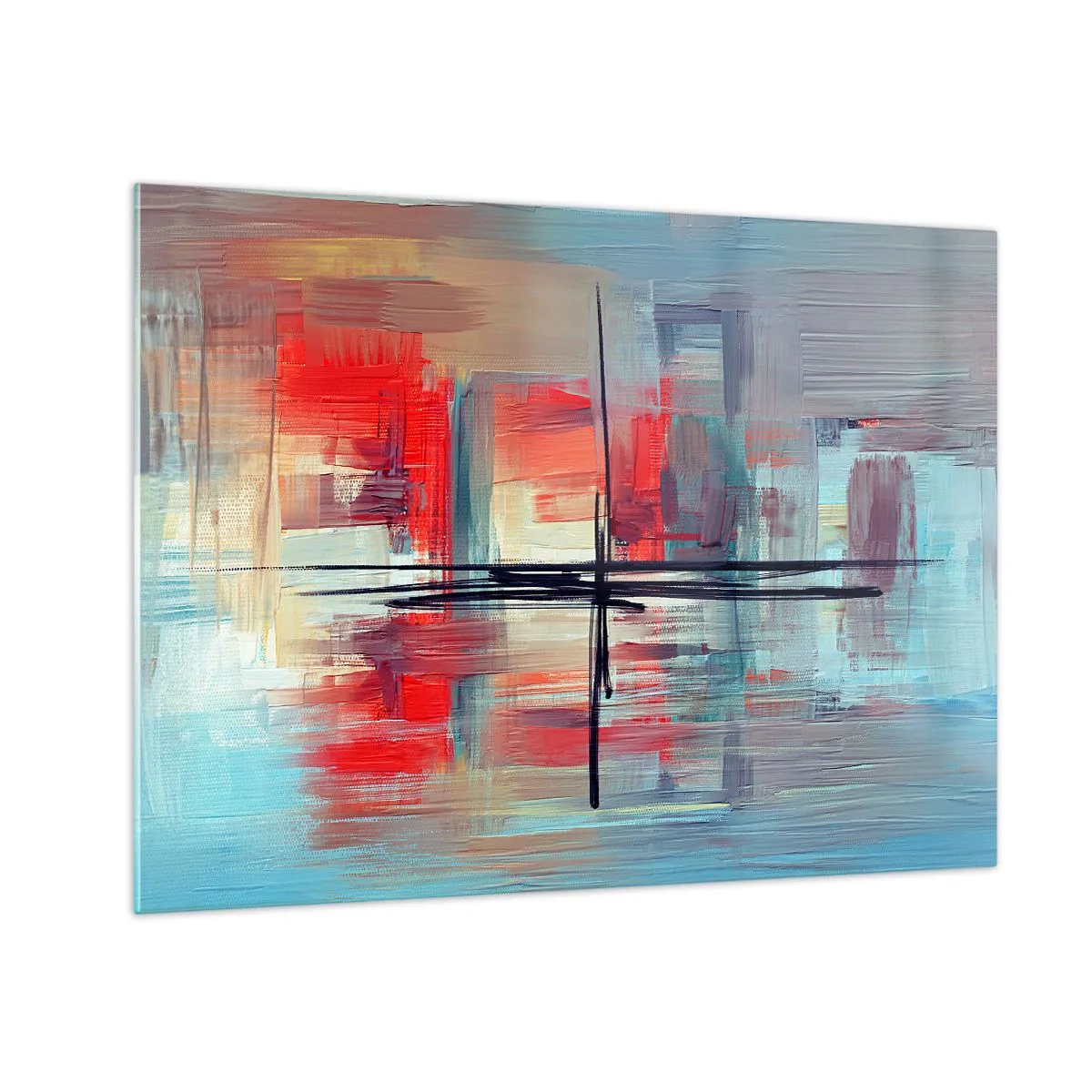 Obraz na szkle - Kolorowa abstrakcja z czerwienią i błękitem inspirowana pejzażem - 70x50cm - Pejzaż w nieznanym wymiarze - Nowoczesna dekoracja ścienna do salonu i sypialni ARTTOR