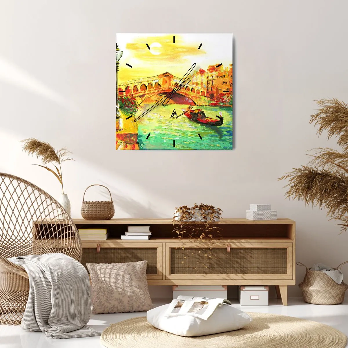 Zegar ścienny - Malowniczy most nad kanałem z gondolą w świetle zachodzącego słońca - 30x30cm - Pielgrzymka zakochanych - Nowoczesna dekoracja ścienna do salonu i sypialni ARTTOR