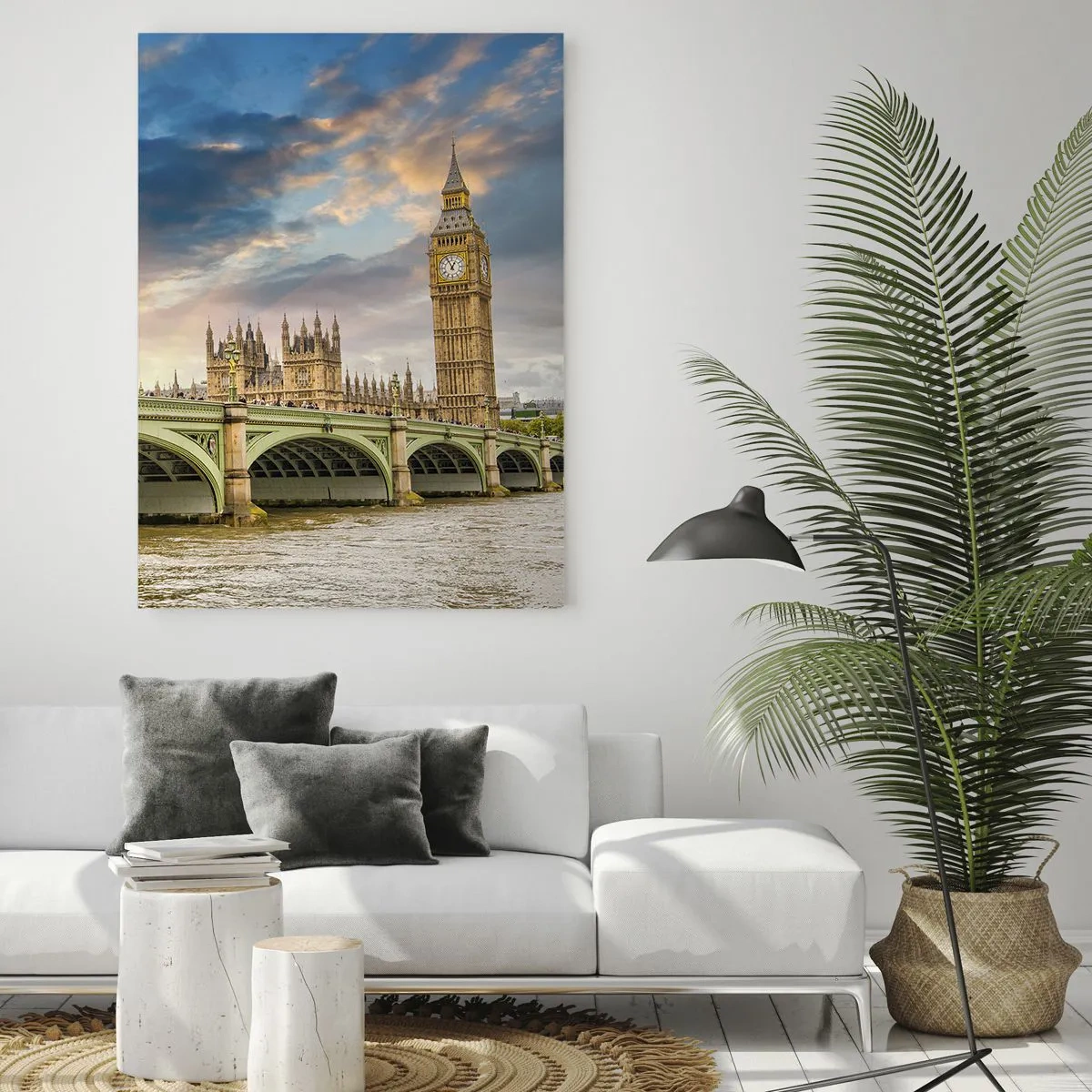 Obraz na szkle - Big Ben i Westminster Bridge o zachodzie słońca - 50x70cm - Czas stanął w Imperium - Nowoczesna dekoracja ścienna do salonu, kuchni i sypialni ARTTOR