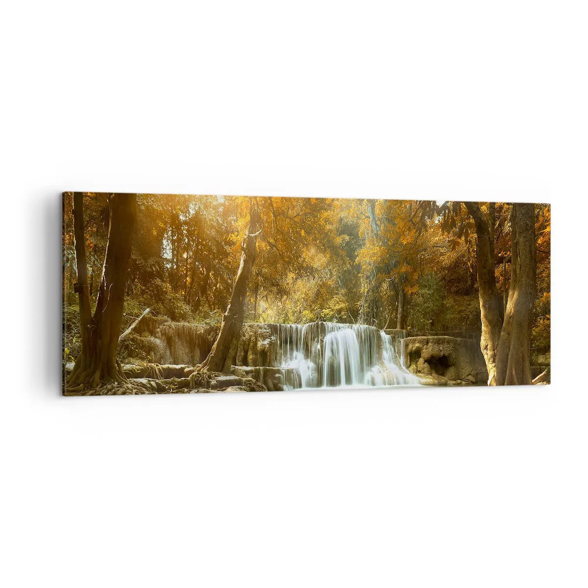 Obraz na płótnie - Jesienny krajobraz z wodospadem - 140x50cm - Parkowa kaskada - Nowoczesna dekoracja ścienna do salonu i sypialni ARTTOR