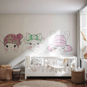Fototapeta Standard Eco - Delikatne ilustracje króliczków w ozdobnych nakryciach głowy - 100x70cm - Zamyślona, smutna, zadowolona - Nowoczesna dekoracja ścienna do salonu i sypialni ARTTOR