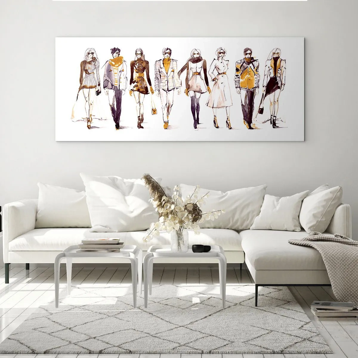 Obraz na szkle - Szkic grupy osób w stylizacjach modowych - 120x50cm - Niewymuszony szyk, swobodna elegancja - Nowoczesna dekoracja ścienna do salonu i sypialni ARTTOR