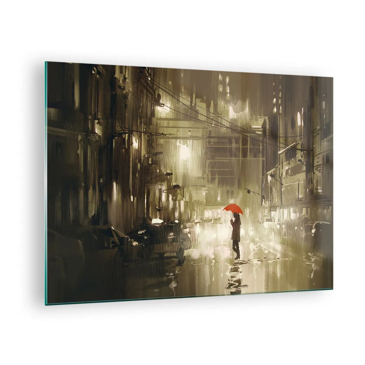 Obraz na szkle - Osoba z czerwonym parasolem w deszczowym świetle miasta nocą - 70x50cm - Sama, ale nie samotna - Nowoczesna dekoracja ścienna do salonu i sypialni ARTTOR