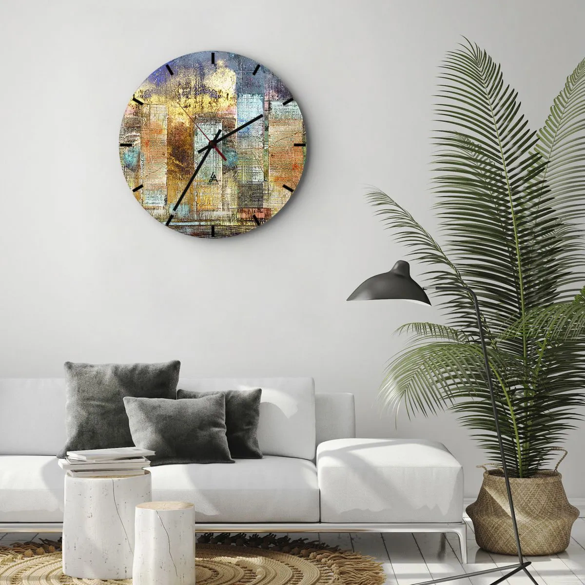Zegar ścienny - Kolorowa abstrakcja inspirowana panoramą miejską - 30x30cm - Słoneczna metropolia - Nowoczesna dekoracja ścienna do salonu, kuchni i sypialni ARTTOR