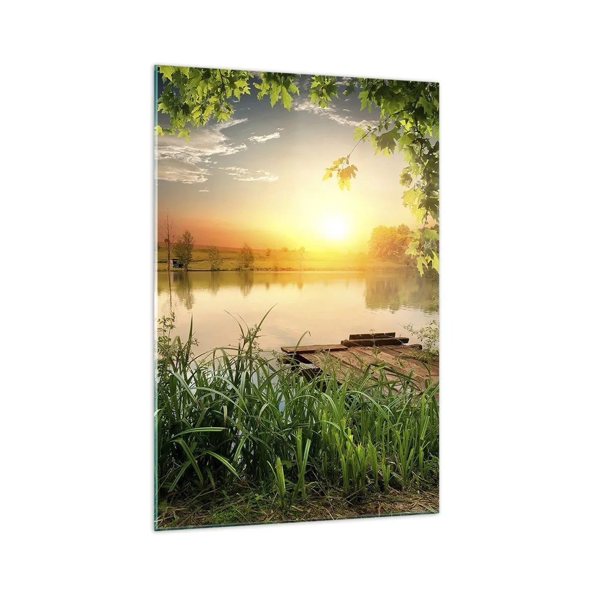 Obraz na szkle - Zielony krajobraz z jeziorem o zachodzie słońca - 70x100cm - Pejzaż w zielonej ramie - Nowoczesna dekoracja ścienna do salonu i sypialni ARTTOR