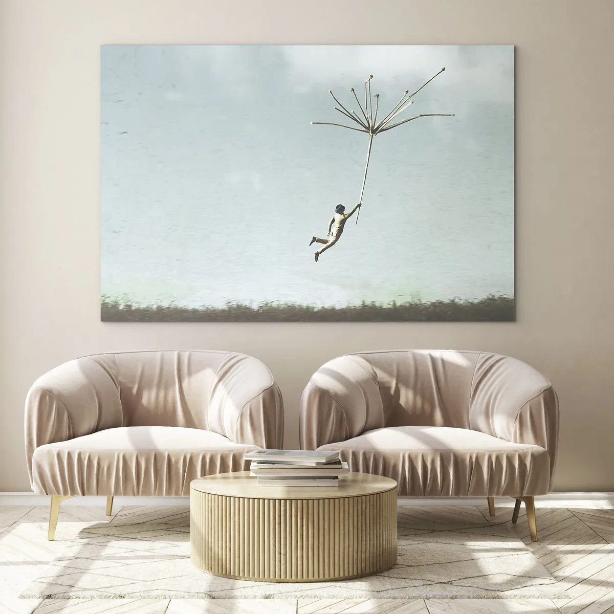 Obraz na szkle - Chłopiec lecący z nasionem dmuchawca nad łąką - 100x70cm - Latawce, dmuchawce, wiatr - Nowoczesna dekoracja ścienna do salonu, kuchni i sypialni ARTTOR