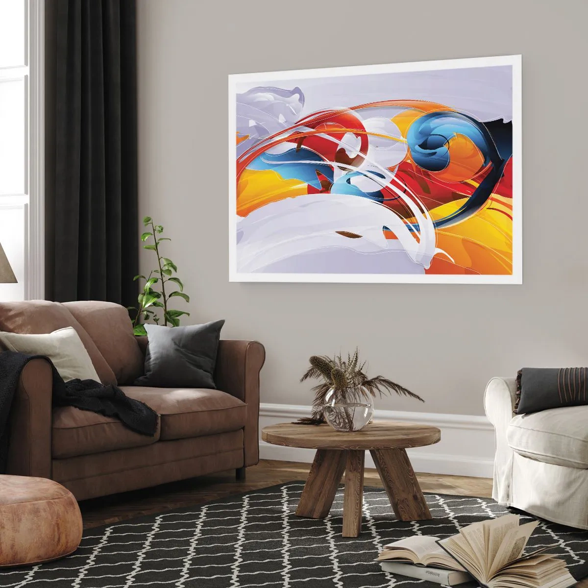 Plakat - Kolorowa abstrakcja z dynamicznymi liniami i żywymi barwami - 100x70cm - Taniec żywiołów - Nowoczesna dekoracja ścienna do salonu i sypialni ARTTOR