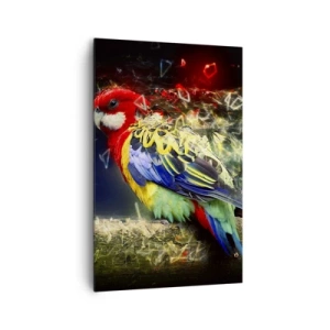 Obraz na płótnie - Papuga w żywych kolorach na tle efektów świetlnych - 80x120cm - Posłaniec blasku - Nowoczesna dekoracja ścienna do salonu i sypialni ARTTOR