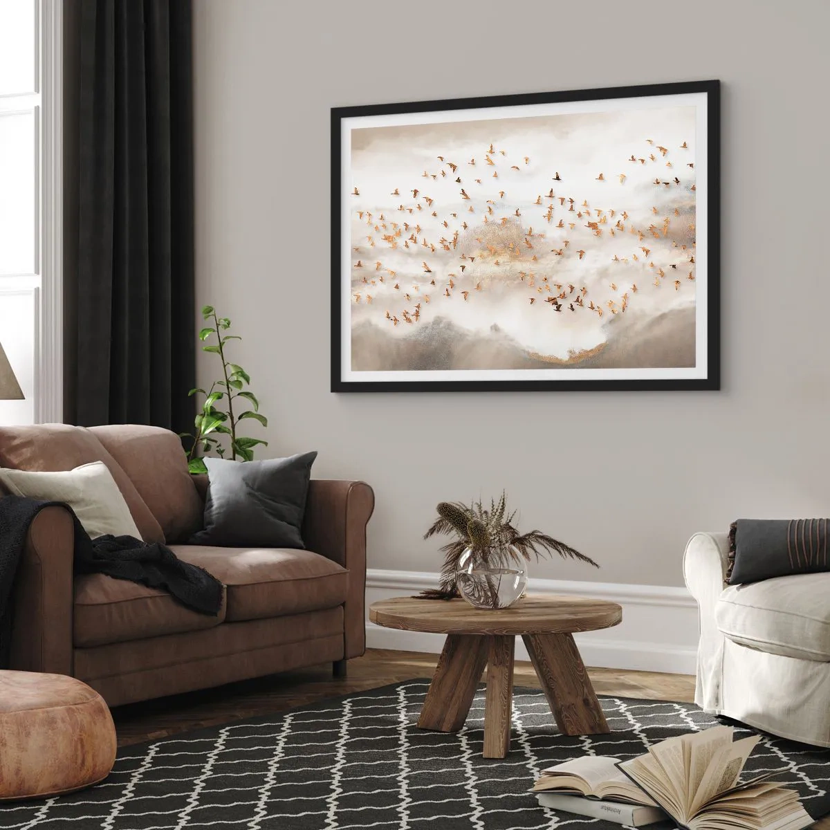 Plakat w czarnej ramie - Złote ptaki na tle mglistych gór - 70x50cm - Już czas… - Nowoczesna dekoracja ścienna do salonu i sypialni ARTTOR