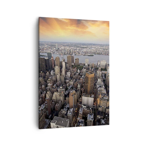Obraz na płótnie - Widok na miasto z lotu ptaka o zachodzie słońca - 50x70cm - Bijące serce naszych czasów - Nowoczesna dekoracja ścienna do salonu, kuchni i sypialni ARTTOR