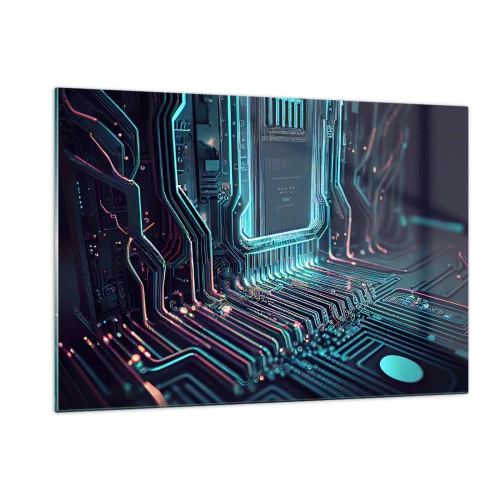 Obraz na szkle - Neonowa wizualizacja ścieżek procesora na czarnym tle - 120x80cm - Tak sobie myślę… - Nowoczesna dekoracja ścienna do salonu, kuchni i sypialni ARTTOR