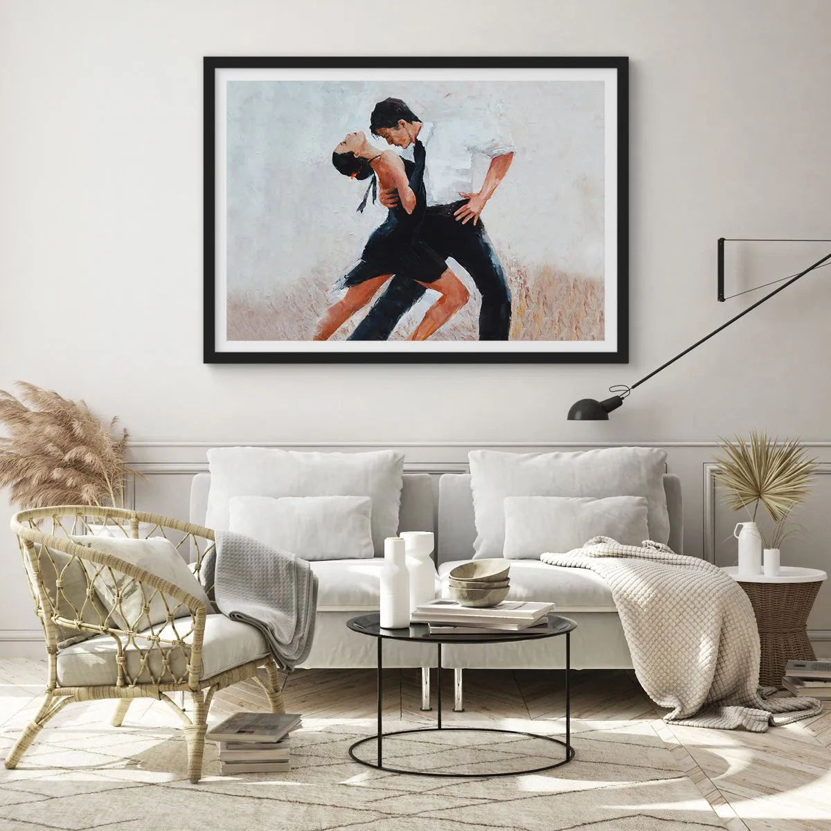 Plakat w czarnej ramie - Para tańcząca w eleganckim, zmysłowym ujęciu - 100x70cm - Tango mych marzeń i snów - Nowoczesna dekoracja ścienna do salonu i sypialni ARTTOR