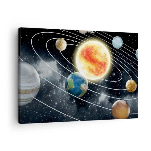 Obraz na płótnie - Kosmiczny taniec - Układ słoneczny z planetami i słońcem w przestrzeni kosmicznej - 70x50cm