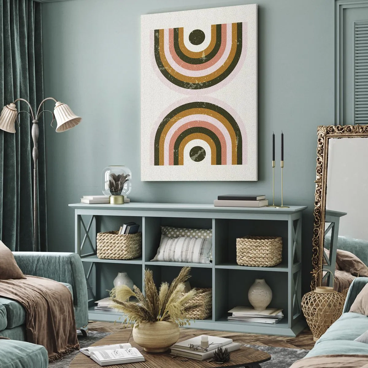 Obraz na płótnie - Symetryczna abstrakcja geometryczna w odcieniach ziemistych i pastelowych - 50x70cm - Abstrakcja bliźniacza - Nowoczesna dekoracja ścienna do salonu, kuchni i sypialni ARTTOR