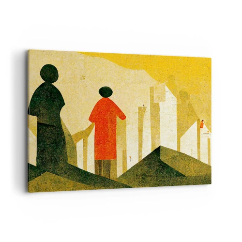 Obraz na płótnie - Geometryczne sylwetki w kolorze czerwieni i zieleni na żółtym tle - 100x70cm - Jeszcze daleka droga - Nowoczesna dekoracja ścienna do salonu, kuchni i sypialni ARTTOR
