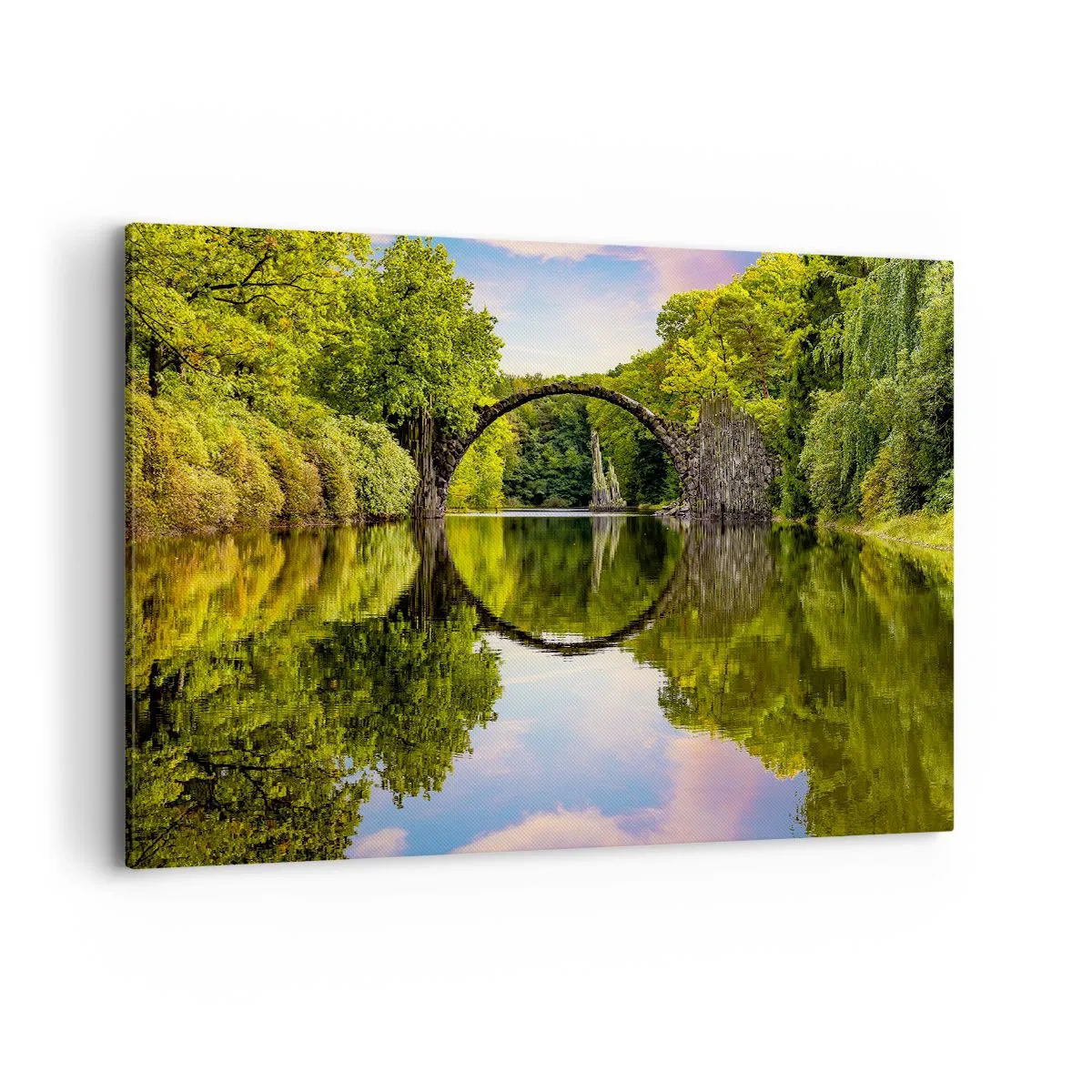 Obraz na płótnie - Kamienny most nad rzeką z perfekcyjnym odbiciem w wodzie - 120x80cm - Na styku dwóch światów - Nowoczesna dekoracja ścienna do salonu, kuchni i sypialni ARTTOR