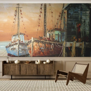 Fototapeta Standard Eco - Spokojny powrót - Kuter Rybacki, Przystań Rybacka, Sztuka - 200x140 cm