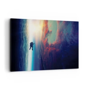 Obraz na płótnie - Astronauta unoszący się w kosmosie nad kolorową Ziemią - 120x80cm - Mierzyć się ze wszechświatem - Nowoczesna dekoracja ścienna do salonu, kuchni i sypialni ARTTOR
