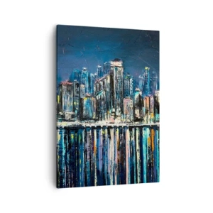 Obraz na płótnie - Nowoczesna panorama miasta odbijająca się w wodzie nocą - 50x70cm - Kaskada swiateł - Nowoczesna dekoracja ścienna do salonu, kuchni i sypialni ARTTOR
