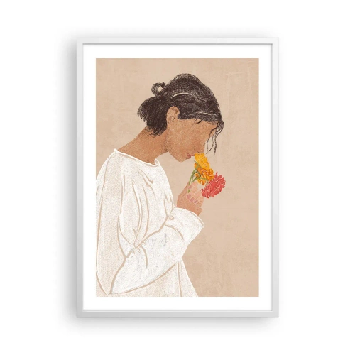 Plakat w białej ramie - Dziewczyna i kwiaty - 50x70 cm