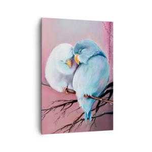 Obraz na płótnie - Dwa zakochane ptaki na gałęzi na różowym tle - 70x100cm - Cóż tu dodać?… - Nowoczesna dekoracja ścienna do salonu i sypialni ARTTOR