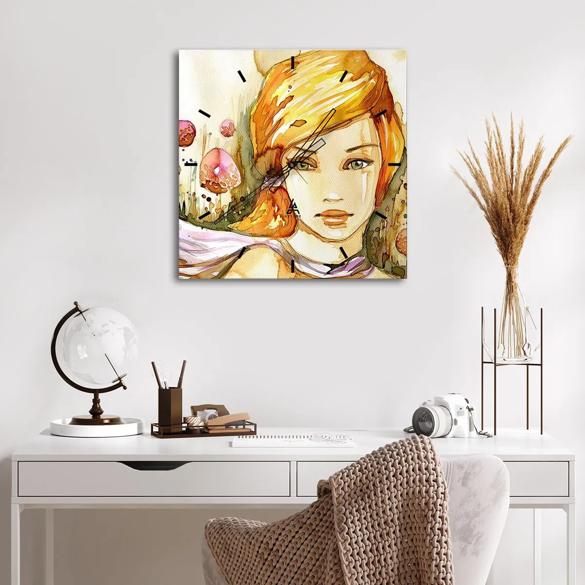Zegar ścienny - Portret kobiety w akwarelowych kolorach z intensywnym spojrzeniem - 30x30cm - Szmaragdowe spojrzenie, co ucisza gniew - Nowoczesna dekoracja ścienna do salonu i sypialni ARTTOR