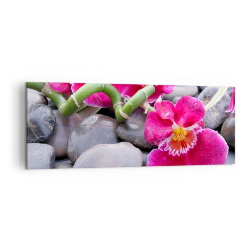 Obraz na płótnie - Różowe orchidee na tle gładkich kamieni - 140x50cm - Chłód i żar - Nowoczesna dekoracja ścienna do salonu i sypialni ARTTOR