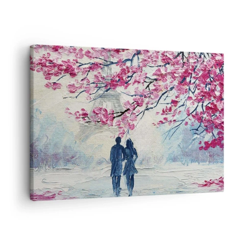 Obraz na płótnie - Para pod kwitnącymi różowymi drzewami w romantycznej scenerii - 70x50cm - Romantyczny spacer - Nowoczesna dekoracja ścienna do salonu i sypialni ARTTOR