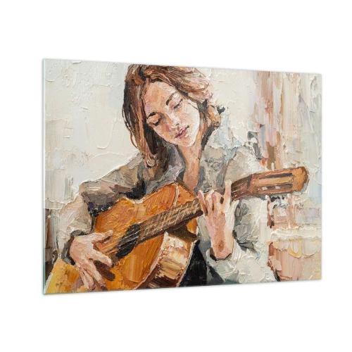 Obraz na szkle - Dziewczyna grająca na gitarze w impresjonistycznym stylu - 70x50cm - Koncert na gitarę i dziewczęce serce - Nowoczesna dekoracja ścienna do salonu i sypialni ARTTOR