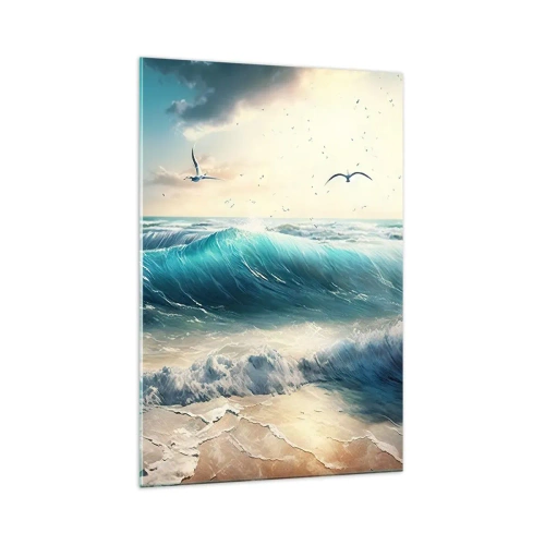 Obraz na szkle - Morskie fale na plaży pod błękitnym niebem z mewami - 70x100cm - Szumi tylko dla ciebie - Nowoczesna dekoracja ścienna do salonu i sypialni ARTTOR