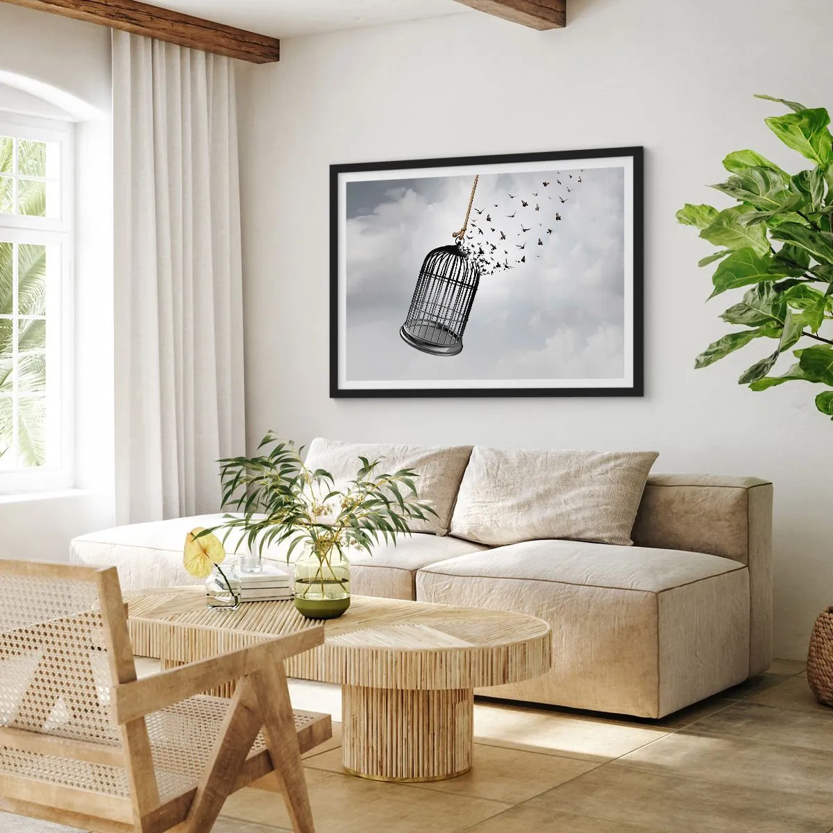 Plakat w czarnej ramie - Ptaki wylatujące z klatki na tle nieba - 100x70cm - Wiara...Nadzieja...Wolność! - Nowoczesna dekoracja ścienna do salonu i sypialni ARTTOR