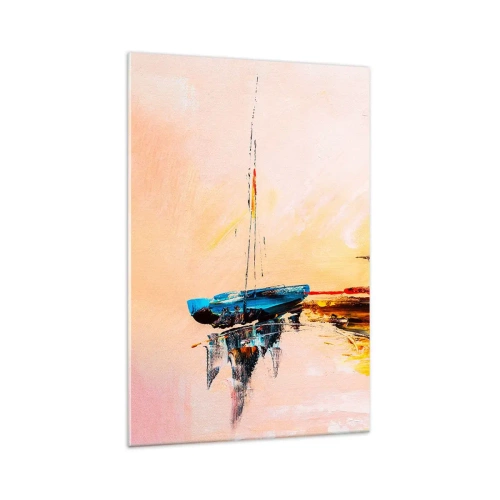 Obraz na szkle - Kolorowe łódki na spokojnej wodzie o zachodzie słońca - 70x100cm - Wieczór w przystani - Nowoczesna dekoracja ścienna do salonu i sypialni ARTTOR