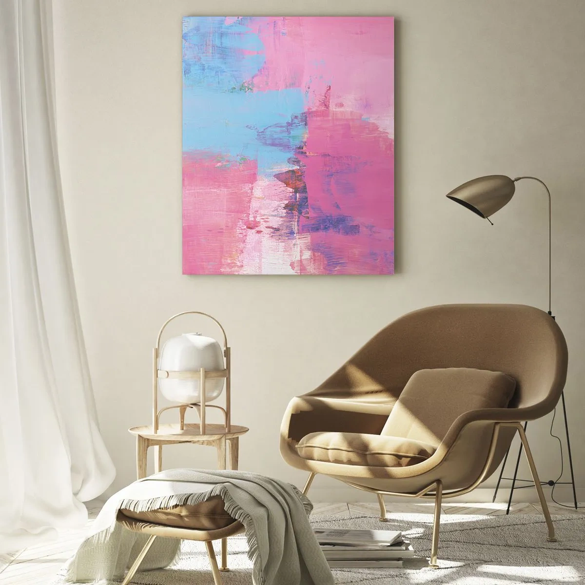 Obraz na szkle - Energetyczna abstrakcja w odcieniach różu i błękitu - 50x70cm - Róż, błękit i szczypta światła - Nowoczesna dekoracja ścienna do salonu, kuchni i sypialni ARTTOR