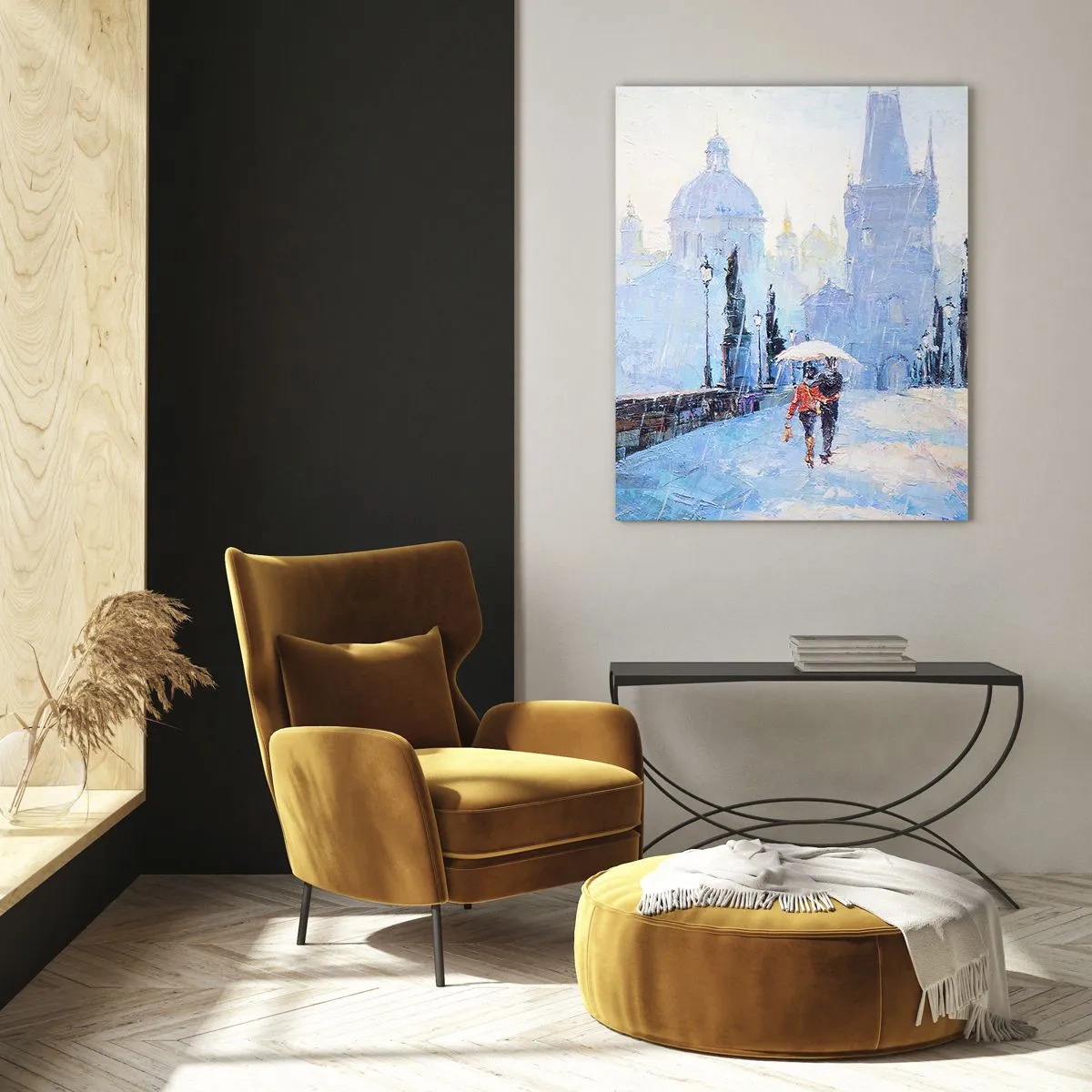 Obraz na szkle - Romantyczna para na moście w deszczu, malarska scena - 70x100cm - Nas zaczarować musiał deszcz - Nowoczesna dekoracja ścienna do salonu i sypialni ARTTOR