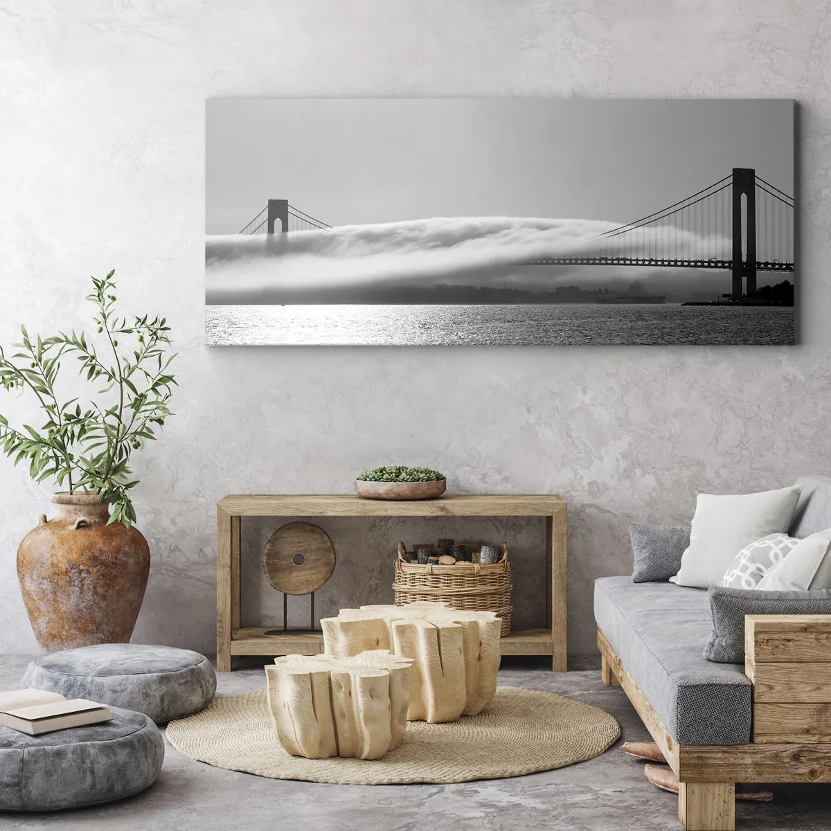 Obraz na płótnie - Most nad wodą spowity mgłą w czarno-białym ujęciu - 120x50cm - Przepłynąć przez Złote Wrota - Nowoczesna dekoracja ścienna do salonu i sypialni ARTTOR