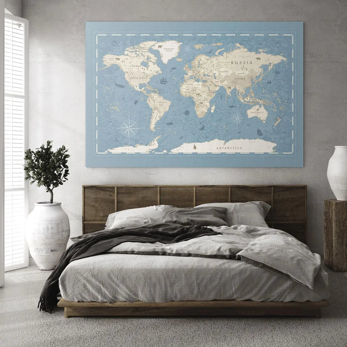 Obraz na szkle - Stylizowana mapa świata na niebieskim tle - 70x50cm - Świat w zasięgu ręki - Nowoczesna dekoracja ścienna do salonu i sypialni ARTTOR