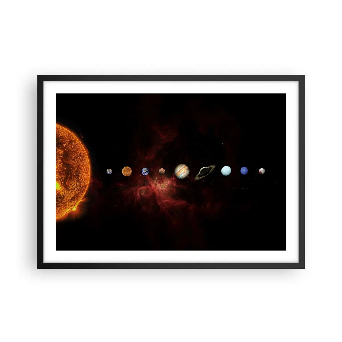 Plakat w czarnej ramie - Układ słoneczny z planetami na tle kosmosu - 70x50cm - Nasza okolica - Nowoczesna dekoracja ścienna do salonu i sypialni ARTTOR