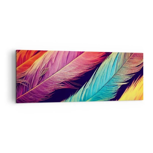 Obraz na płótnie - Kolorowe pióra w intensywnych barwach - 140x50cm - Pierzasta tęcza - Nowoczesna dekoracja ścienna do salonu i sypialni ARTTOR