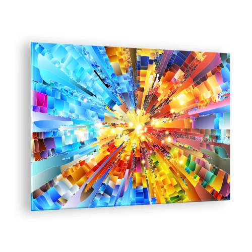 Obraz na szkle - Abstrakcyjna eksplozja kolorów w dynamicznej, geometrycznej kompozycji - 70x50cm - In medias res - Nowoczesna dekoracja ścienna do salonu i sypialni ARTTOR