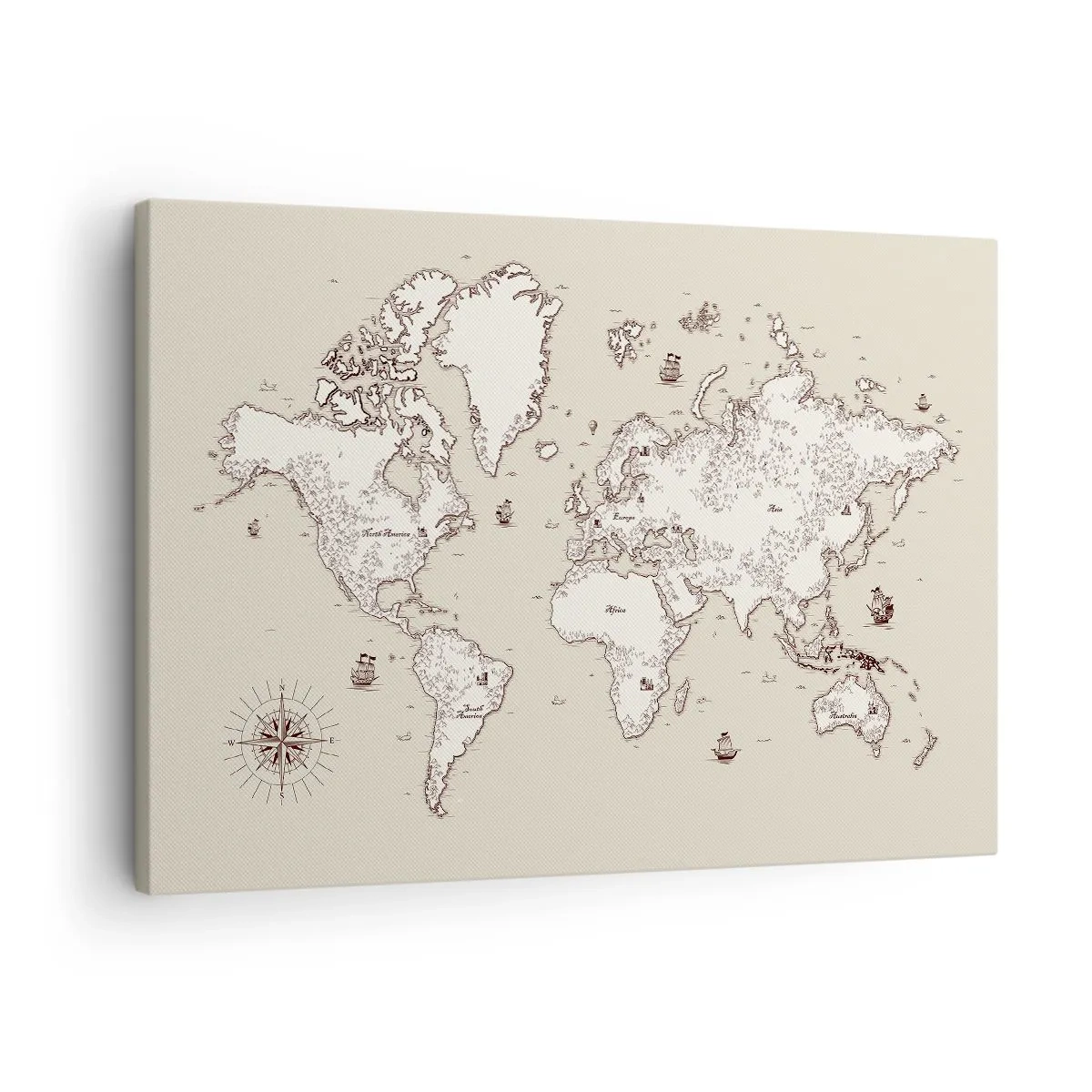 Obraz na płótnie - Stylizowana mapa świata w odcieniach beżu i brązu - 70x50cm - Podróż dookoła świata - Nowoczesna dekoracja ścienna do salonu i sypialni ARTTOR